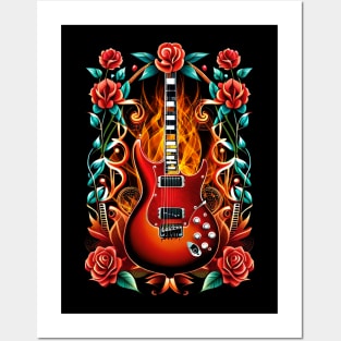 Electric guitar on fire with flowers 25 Posters and Art